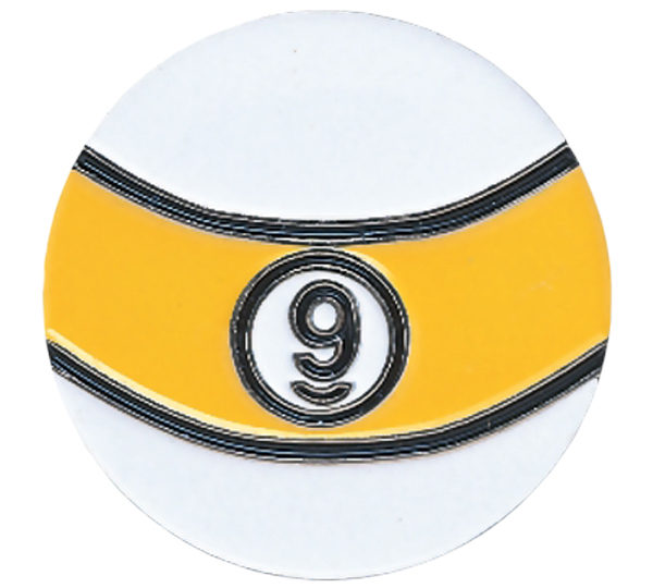 A yellow and white ball with the number nine on it.