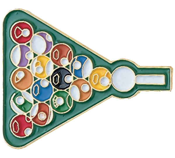 A green triangle shaped pin with many balls in it.