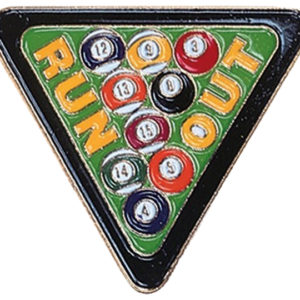 A triangle shaped pin with pool balls on it.