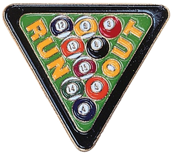 A triangle shaped pin with pool balls on it.