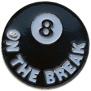 A black and white pin with the number eight on it.