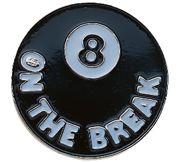 A black and white pin with the number eight on it.