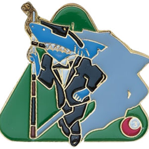 A pin of a baseball player holding a bat and a shark.