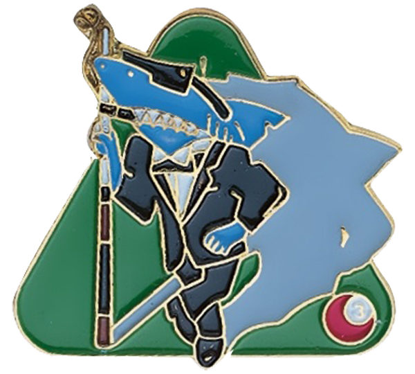 A pin of a baseball player holding a bat and a shark.