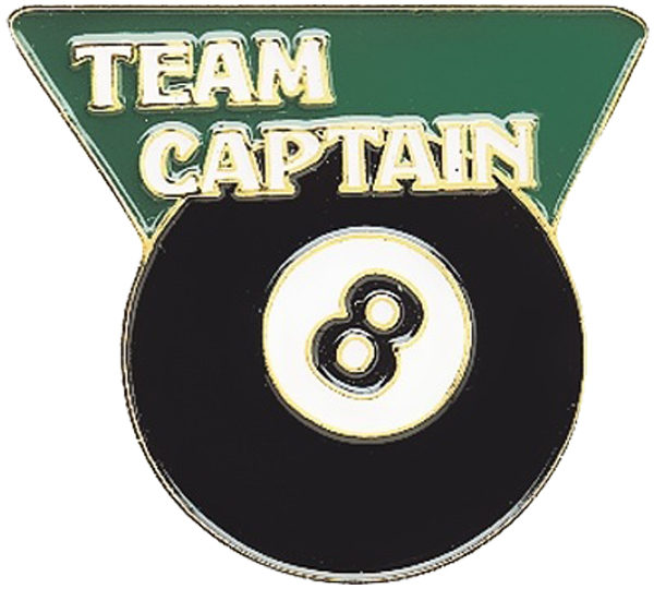 A team captain pin with an eight ball on it.