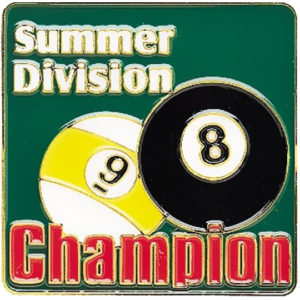 A pool ball and number pin with the words summer division champion.