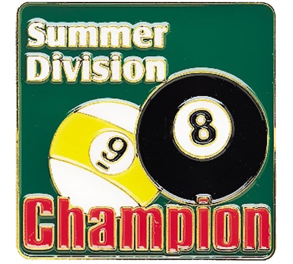 A pool ball and number pin with the words summer division champion.