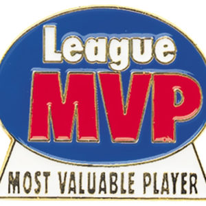 A blue and red badge with the words " league mvp " on it.