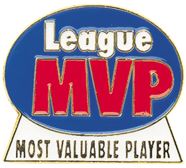 A blue and red badge with the words " league mvp " on it.