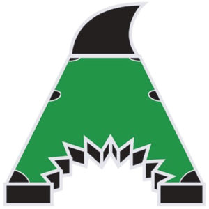 A green and black letter a with a shark fin.