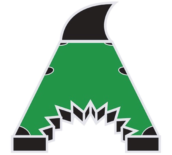 A green and black letter a with a shark fin.