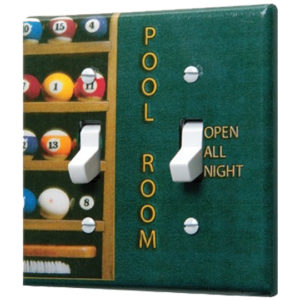 A pool room light switch cover with the words " pool room open all night ".