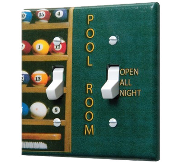 A pool room light switch cover with the words " pool room open all night ".