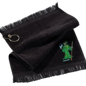 A black towel with a wizard on it