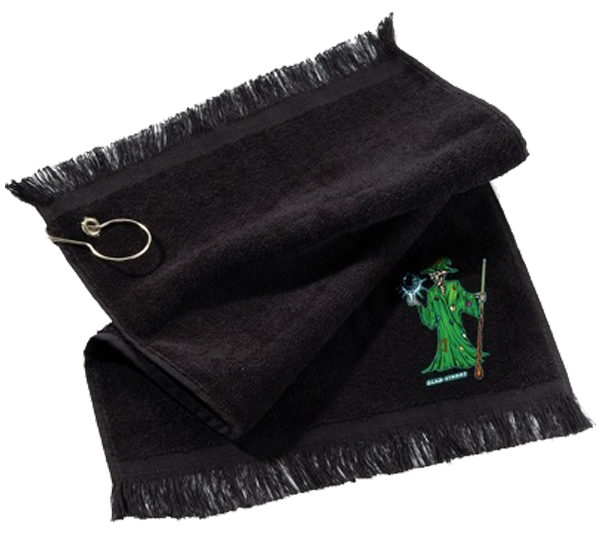 A black towel with a wizard on it