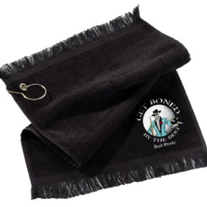 A black towel with a logo on it