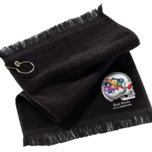 A black towel with a key chain and a logo.