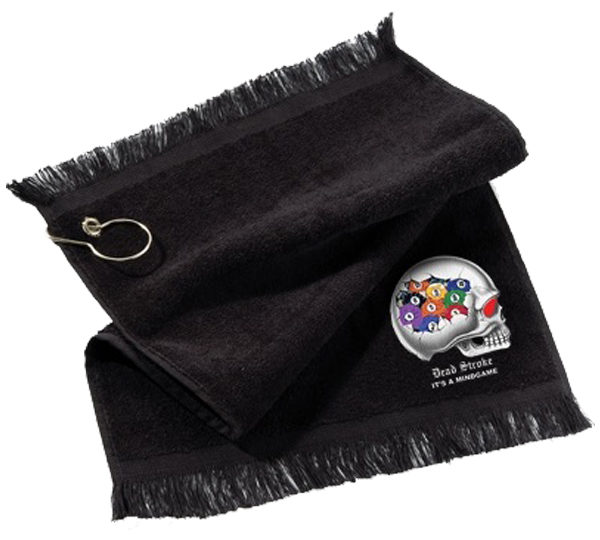 A black towel with a key chain and a logo.