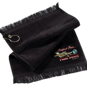 A black towel with a logo on it