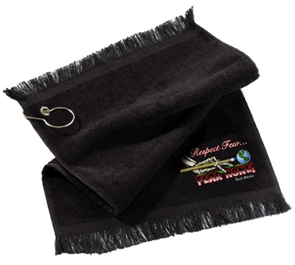 A black towel with a logo on it