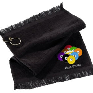 A black towel with a key chain attached to it.