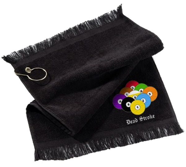 A black towel with a key chain attached to it.