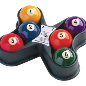 A set of six pool balls in a tray.