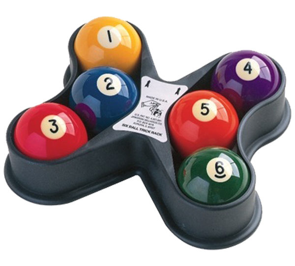 A set of six pool balls in a tray.