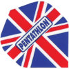 A red, white and blue flag with the word pentathlon on it.