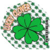 A green and white lucky clover design on a white background.