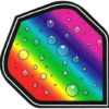 A rainbow colored bubble background with black border.