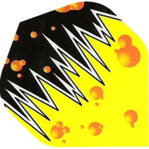 A yellow and black background with orange dots.