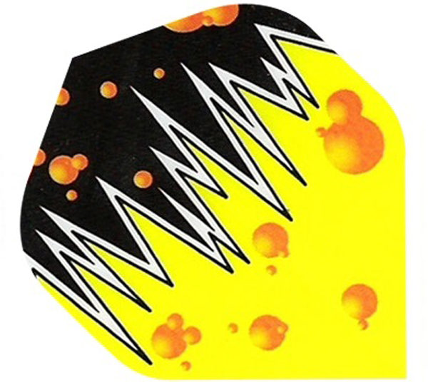 A yellow and black background with orange dots.