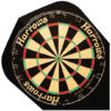 A dartboard with the words harrows on it.