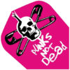 A pink and white skull with two large scissors.