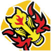 A yellow and red fire-spitting dragon on the side of a circle.