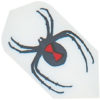 A black widow spider with red eyes on a white background.