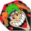 A joker face with red and orange flames on it.