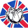 A bulldog head with the british flag in the background.