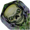 A skull with green eyes and purple swirls.