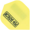 A yellow plastic with black lettering and a sticker.