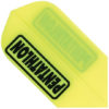 A neon yellow plastic with black lettering on it.