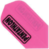 A pink plastic with black lettering on it.