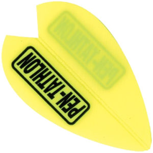 A yellow plastic wing with a sticker on it.