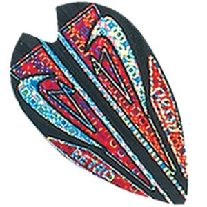 A colorful wing shaped kite with many designs.