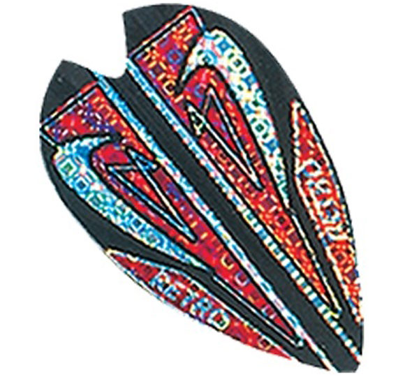 A colorful wing shaped kite with many designs.