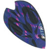 A blue and black leaf shaped item with pink flames.