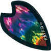 A colorful picture of the back side of a guitar pick.