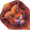 A painting of a lion 's head with purple and yellow eyes.