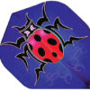 A red and black ladybug on a blue background.